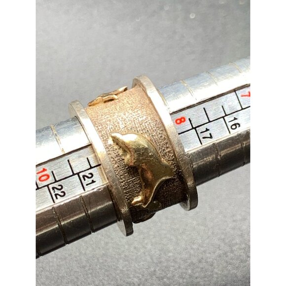 Dolphin Ring Wide 14k Gold 925 Sterling Wide Band Size 8.75 Textured Chunky Ring - Picture 4 of 8